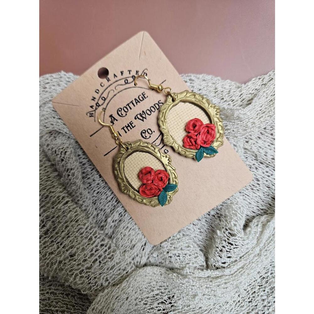 Handcrafted Polymer Clay Floral Frame Earrings with Red Roses